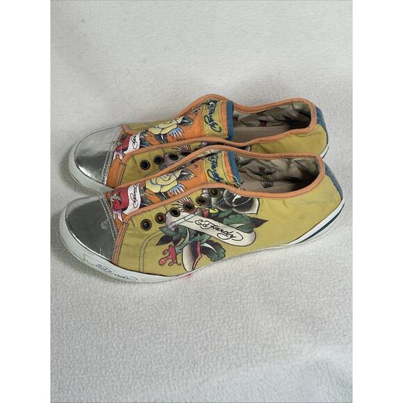 Y2K Ed Hardy Women’s Shoes Size 7 Yellow/ Orange With Metallic Style Cap Toe - Picture 2 of 5